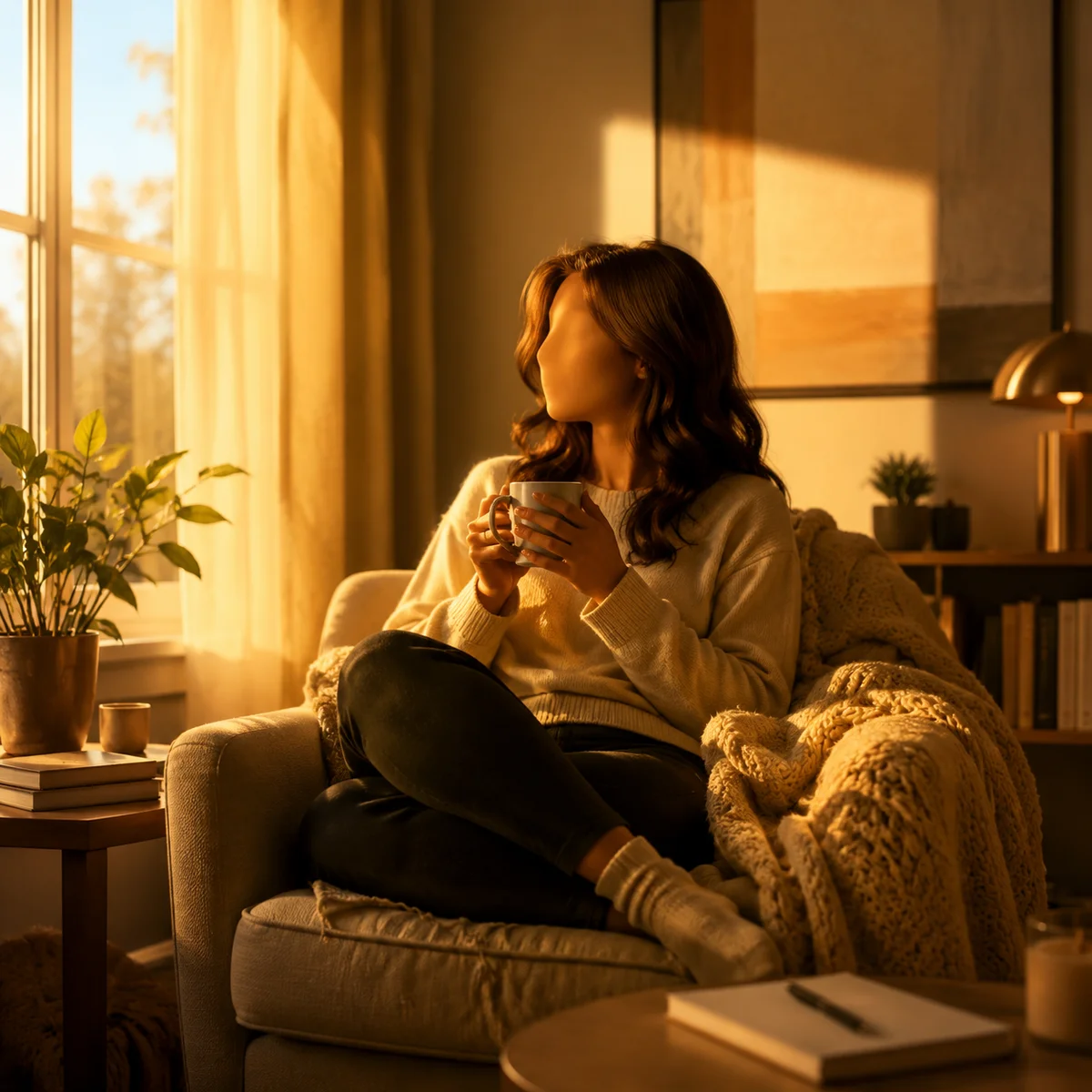 Warm duotone photograph of a person sitting calmly by a window after a therapy session, expression showing relief and clarity, soft golden hour light