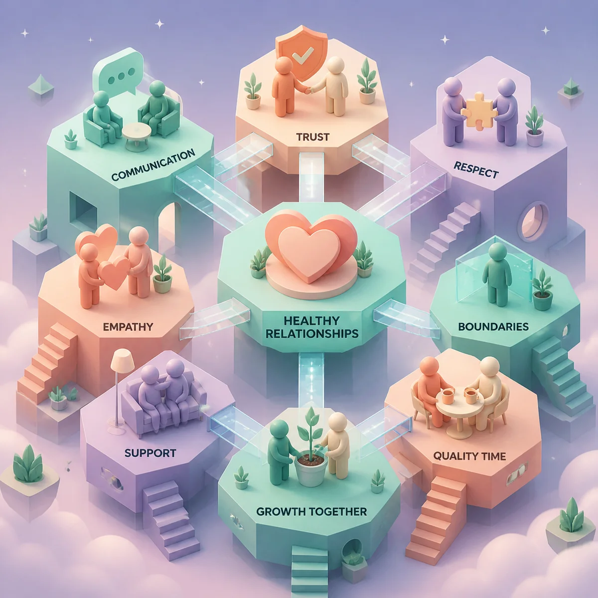 Isometric illustration showing interconnected relationship structures representing ethical non-monogamy