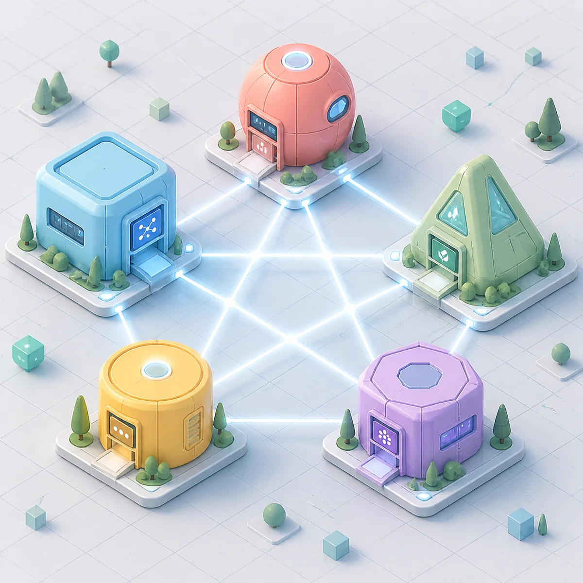 Isometric illustration showing different ENM types as distinct but connected pods