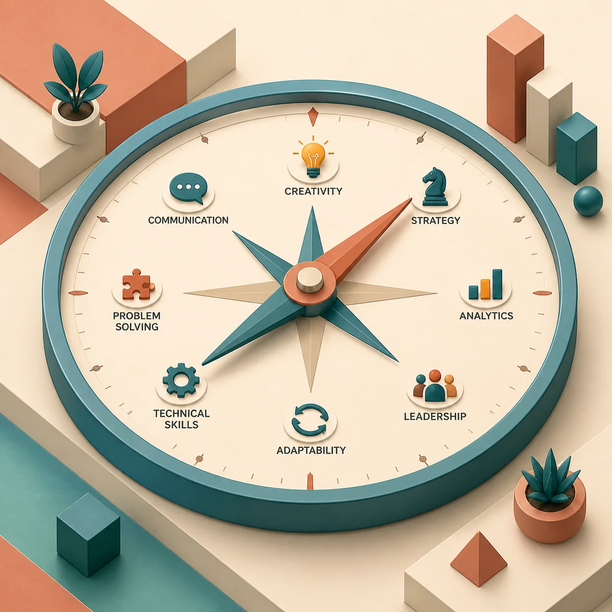 Isometric illustration of a compass with multiple directions representing ENM navigation skills