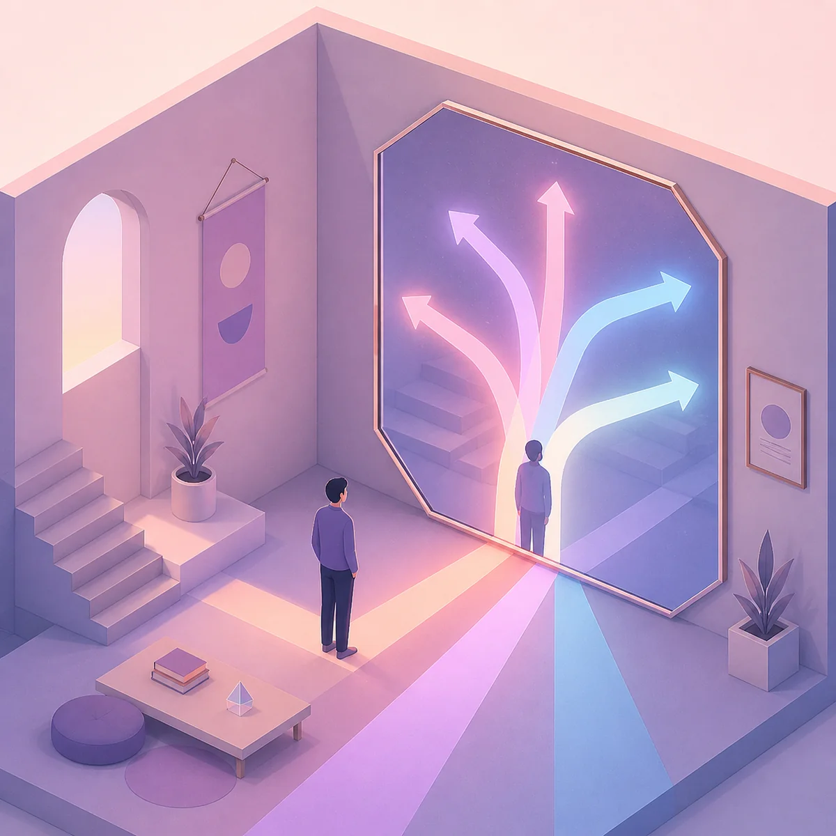 Isometric illustration of a person looking in a mirror showing different relationship path options
