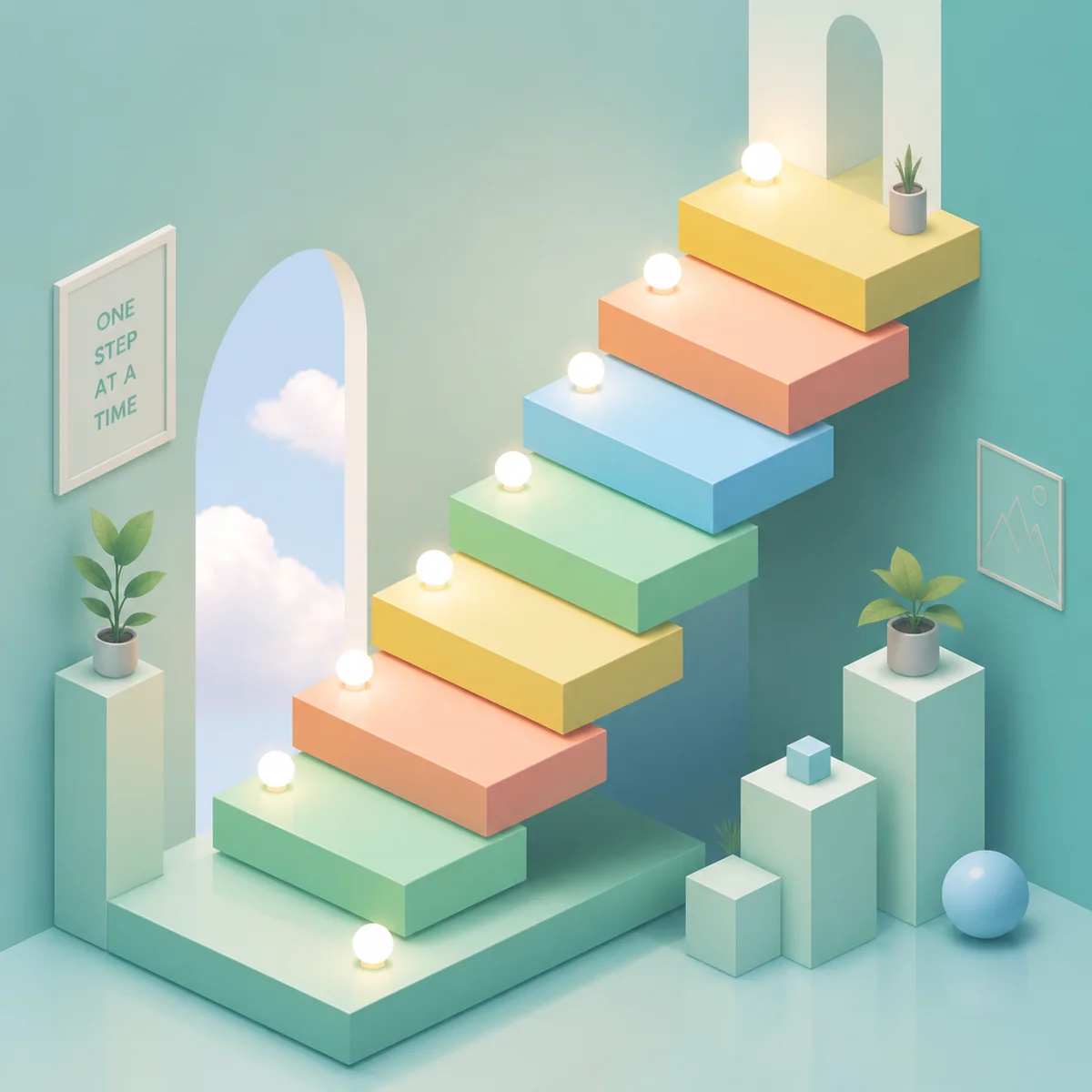 Isometric illustration of a staircase with steps labeled 'Read', 'Talk', 'Reflect', 'Explore' leading upward