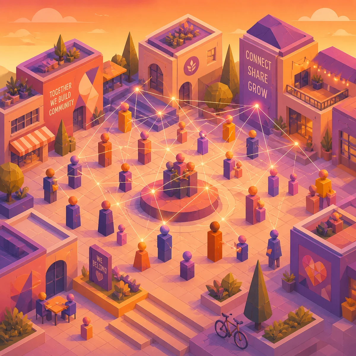 Isometric illustration of a diverse group of abstract figures connected by glowing threads, representing ENM community