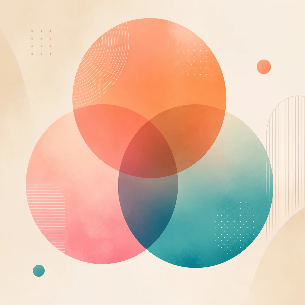 Geometric abstract composition of three overlapping translucent circles in warm coral and teal tones, representing connection and meeting
