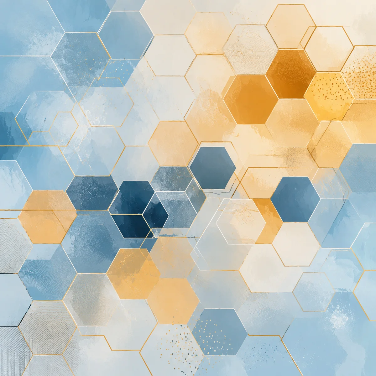 Geometric pattern of interconnected hexagons in soft blues and warm amber, representing structured yet flowing communication