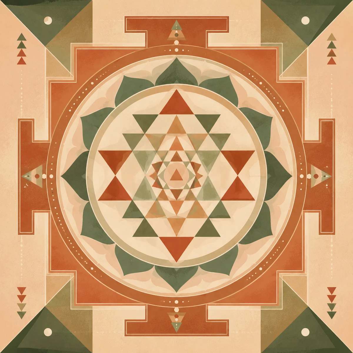 Geometric pattern of interlocking triangles in muted earth tones, clean lines, structured yet warm composition