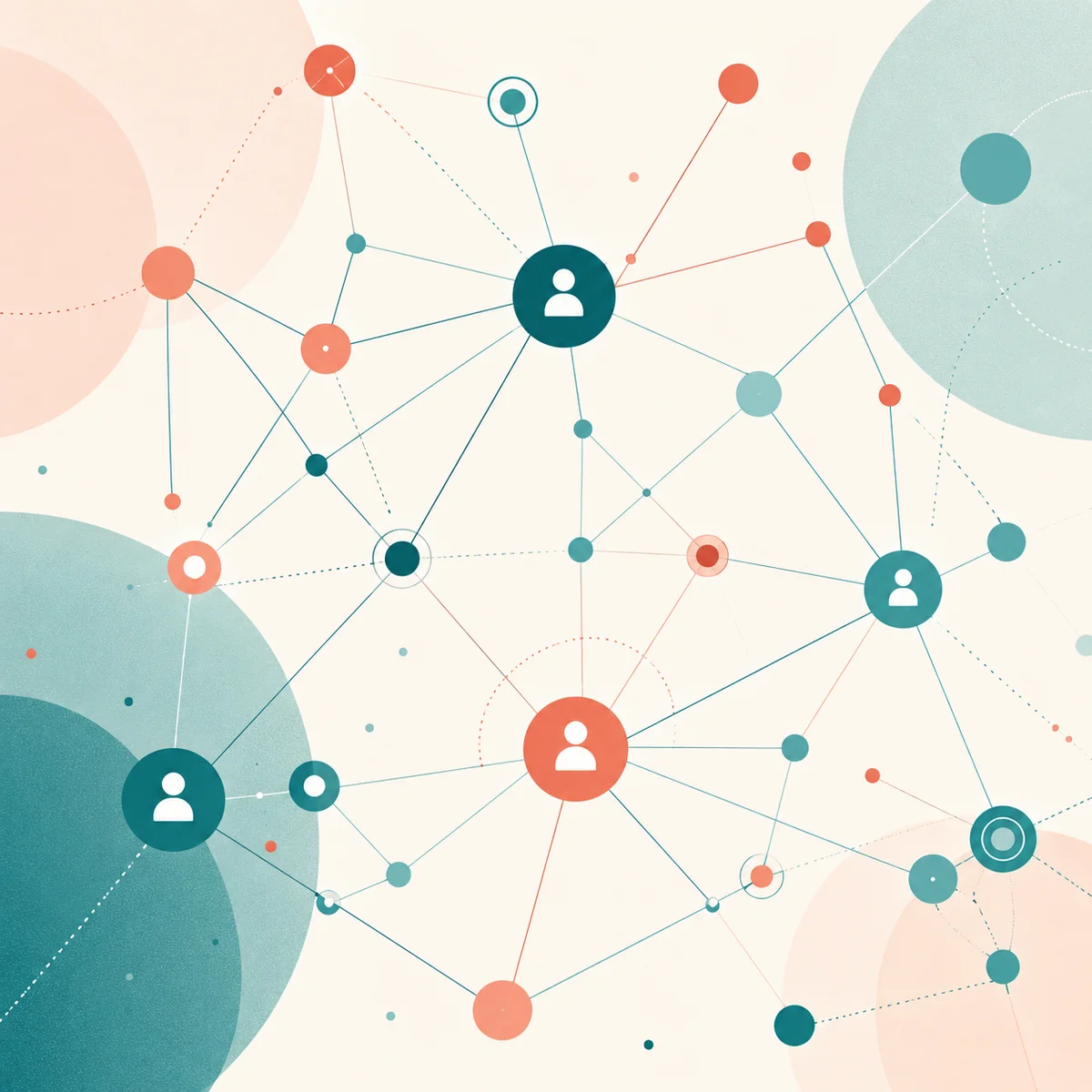 Abstract geometric network of connected nodes and lines in teal and coral, representing human connection