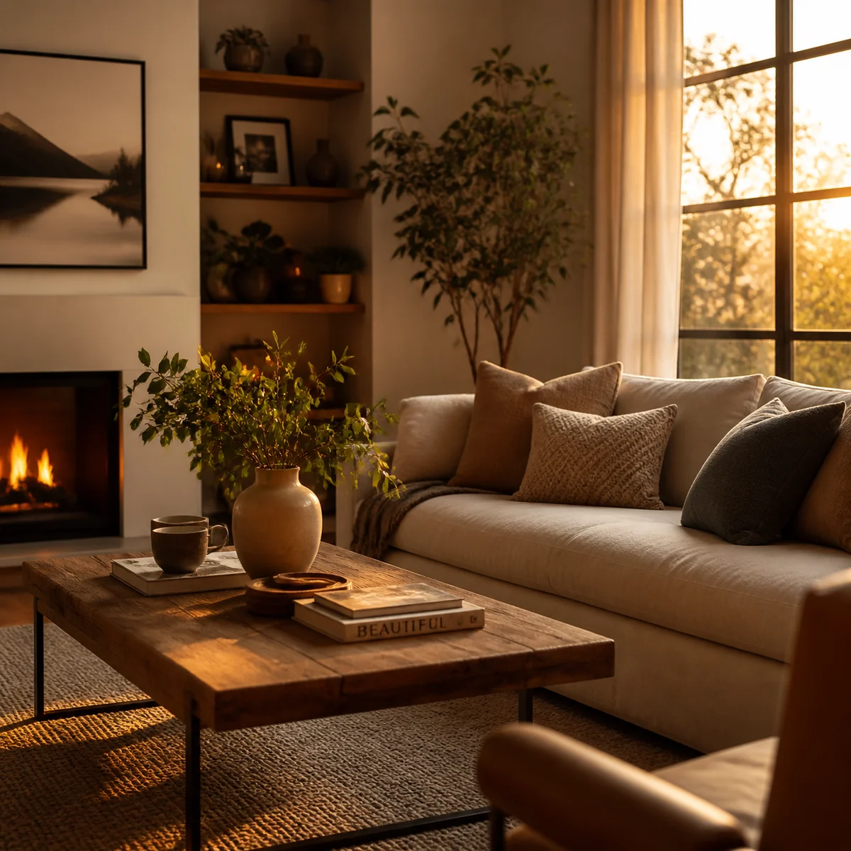 Warmly lit living room at golden hour, soft ambient lighting, comfortable cushions and neutral tones, no people visible — preparation atmosphere