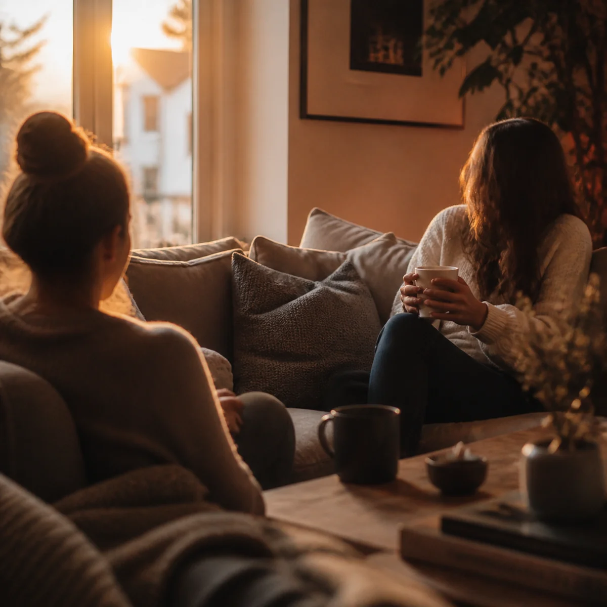 Lifestyle photograph of two people sitting on a couch talking, warm evening light streaming through window, comfortable and intimate setting, faces not visible