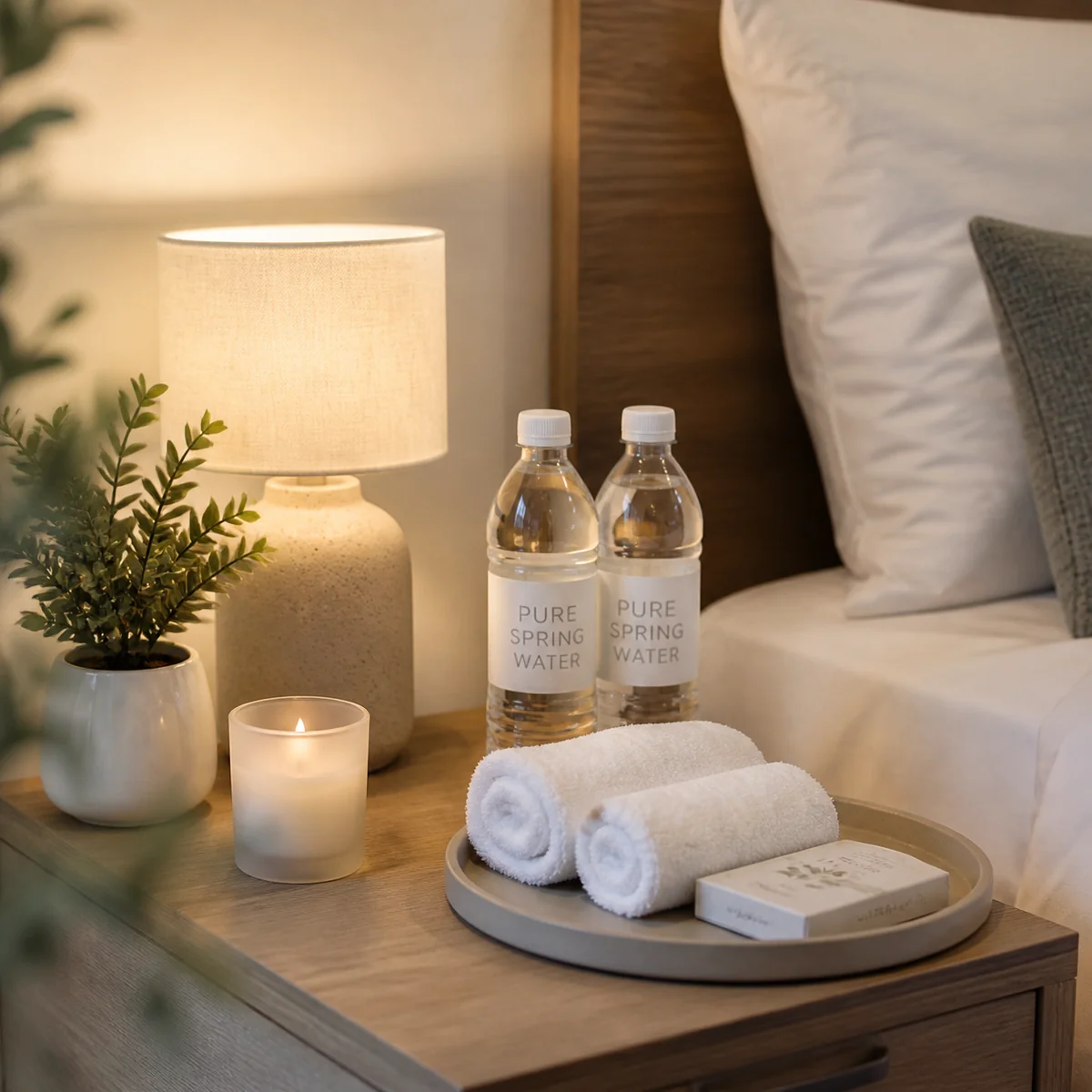 Lifestyle photograph of a neatly arranged bedside table with water bottles, soft towels, and subtle ambient items in warm lighting — preparation details