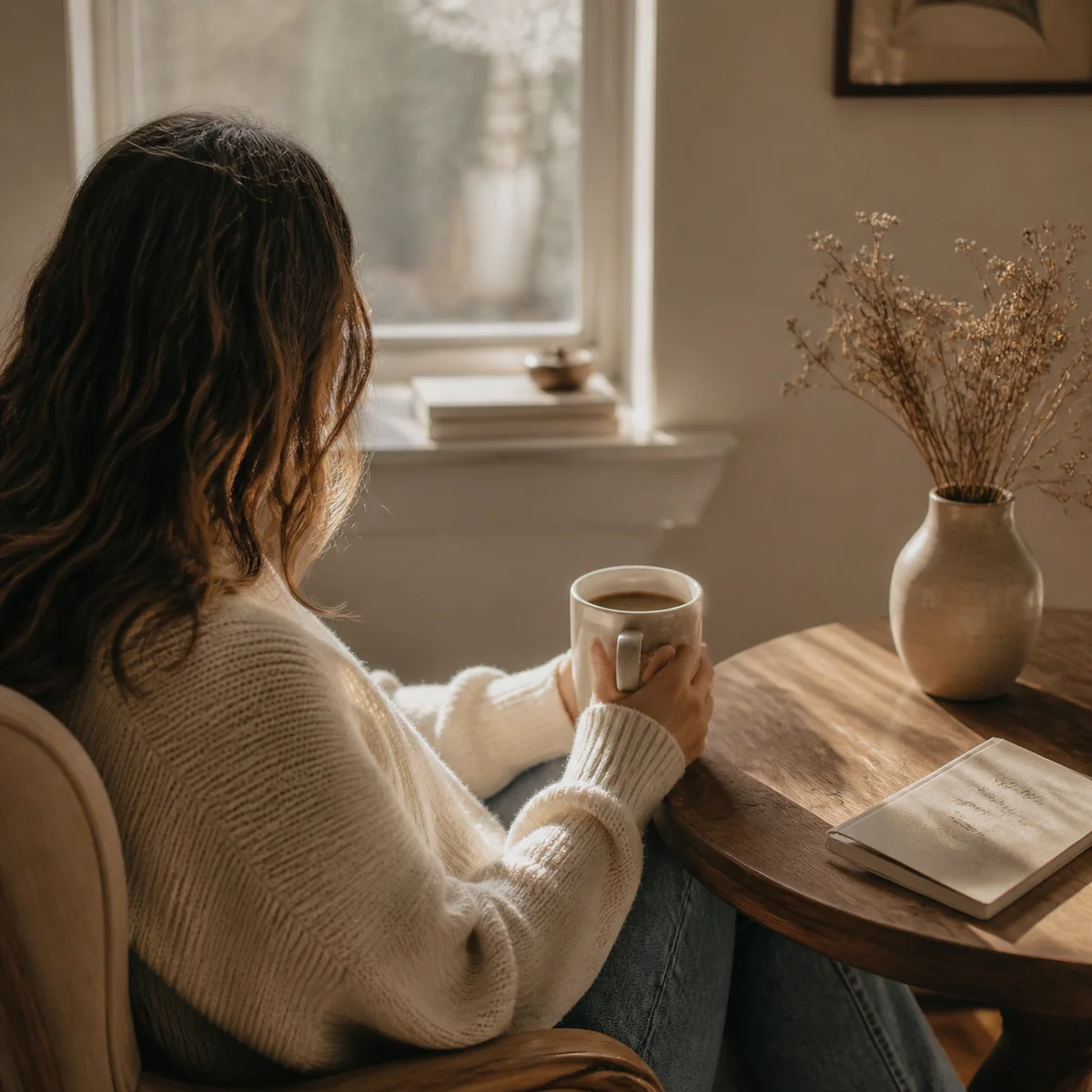 Lifestyle photograph of a person sitting alone in soft morning light with a cup of coffee, contemplative mood, warm tones, no face visible