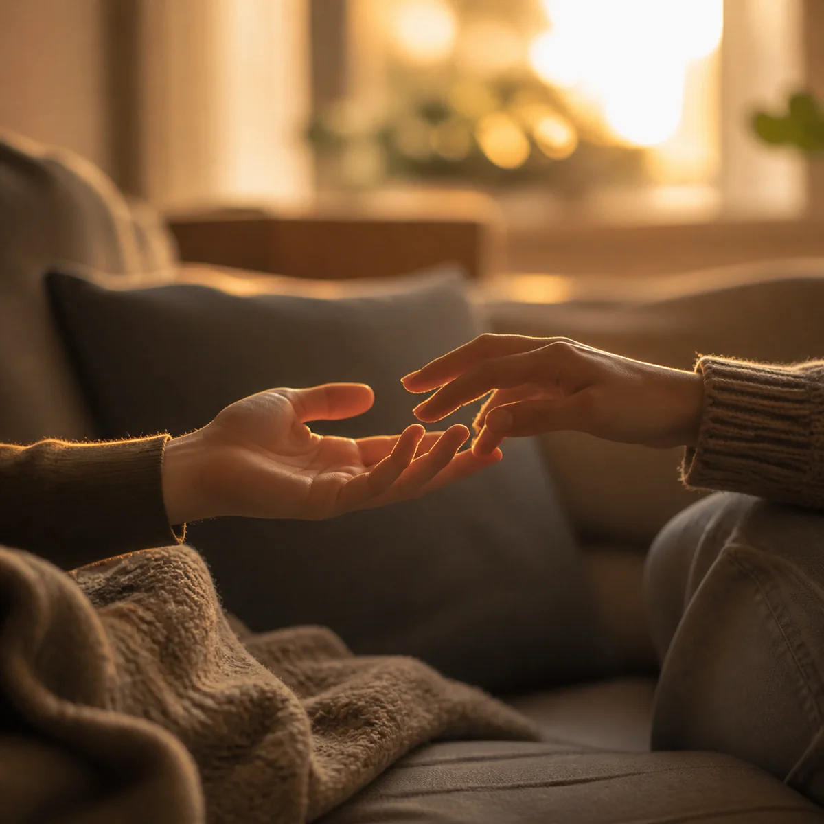 Lifestyle photograph of hands reaching toward each other on a couch, warm golden hour tones, soft focus, intimate without being explicit