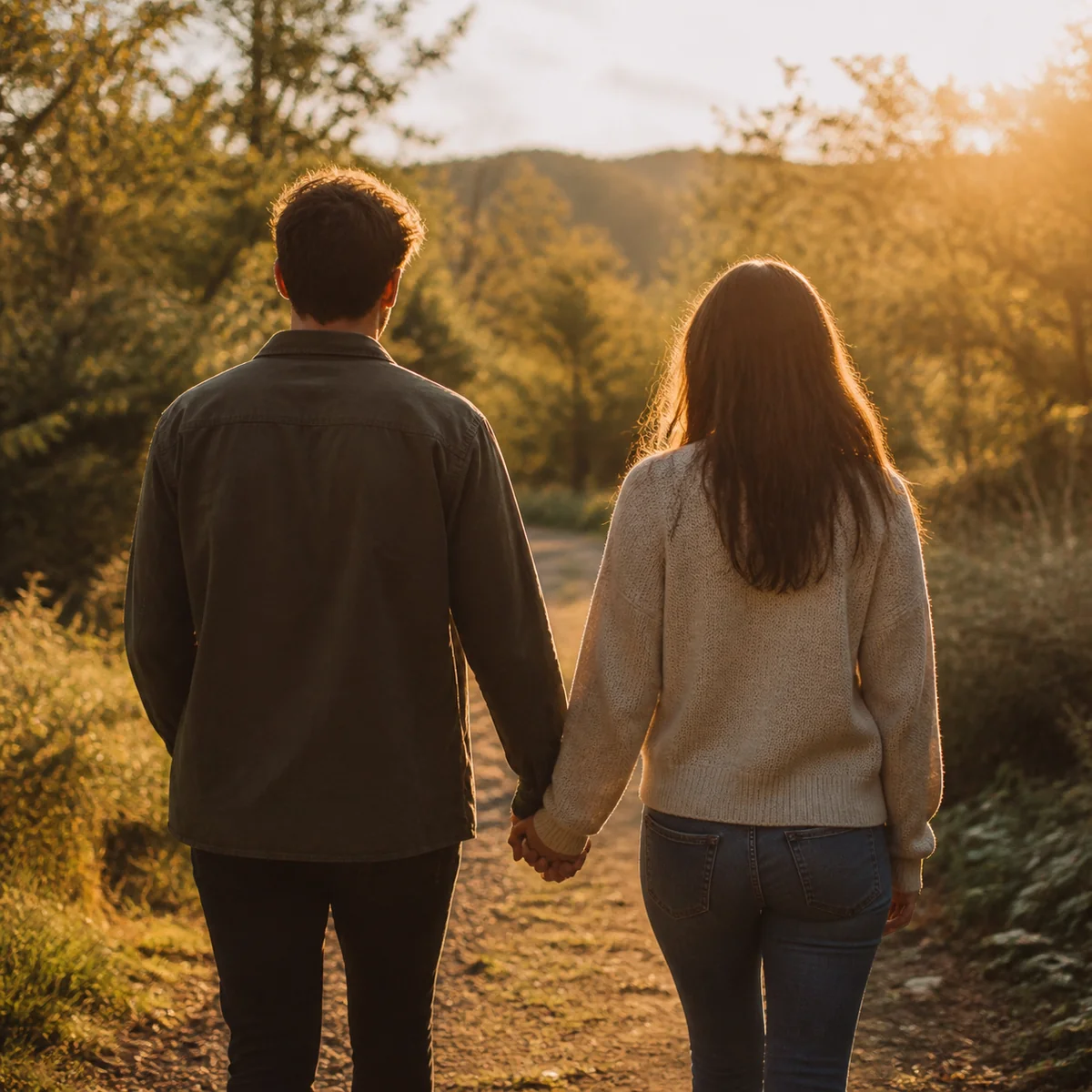 Lifestyle photograph of two people walking together outdoors in soft golden hour light, holding hands, warm tones, peaceful atmosphere