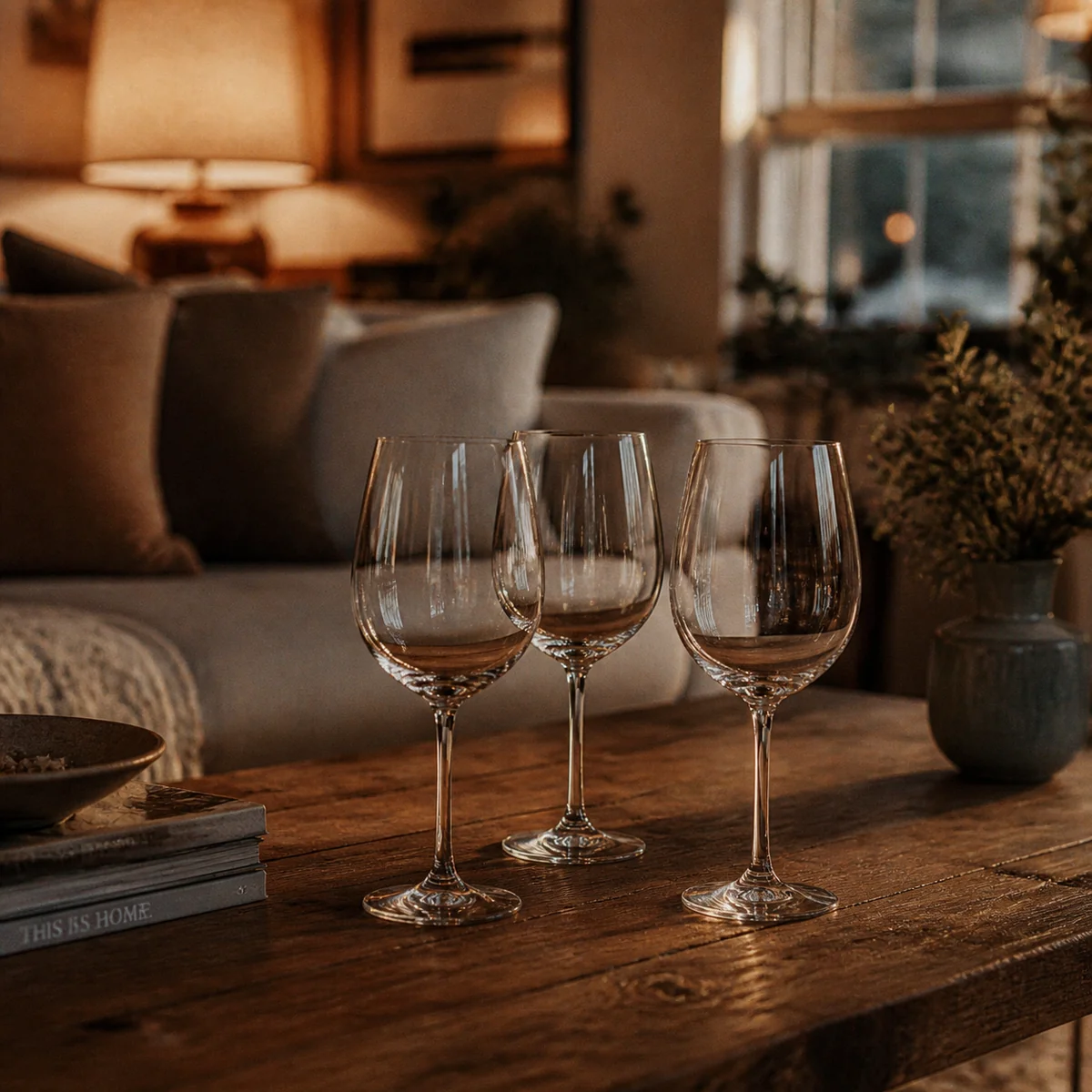 Editorial photography style - three wine glasses on a coffee table in soft evening light, warm intimate atmosphere, shallow depth of field, discussing a threesome with a friend