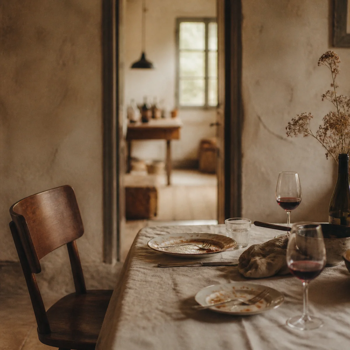 Editorial photography style - an empty chair at a dinner table with two plates, soft focus background, muted tones, representing the risks of a threesome with a friend gone wrong