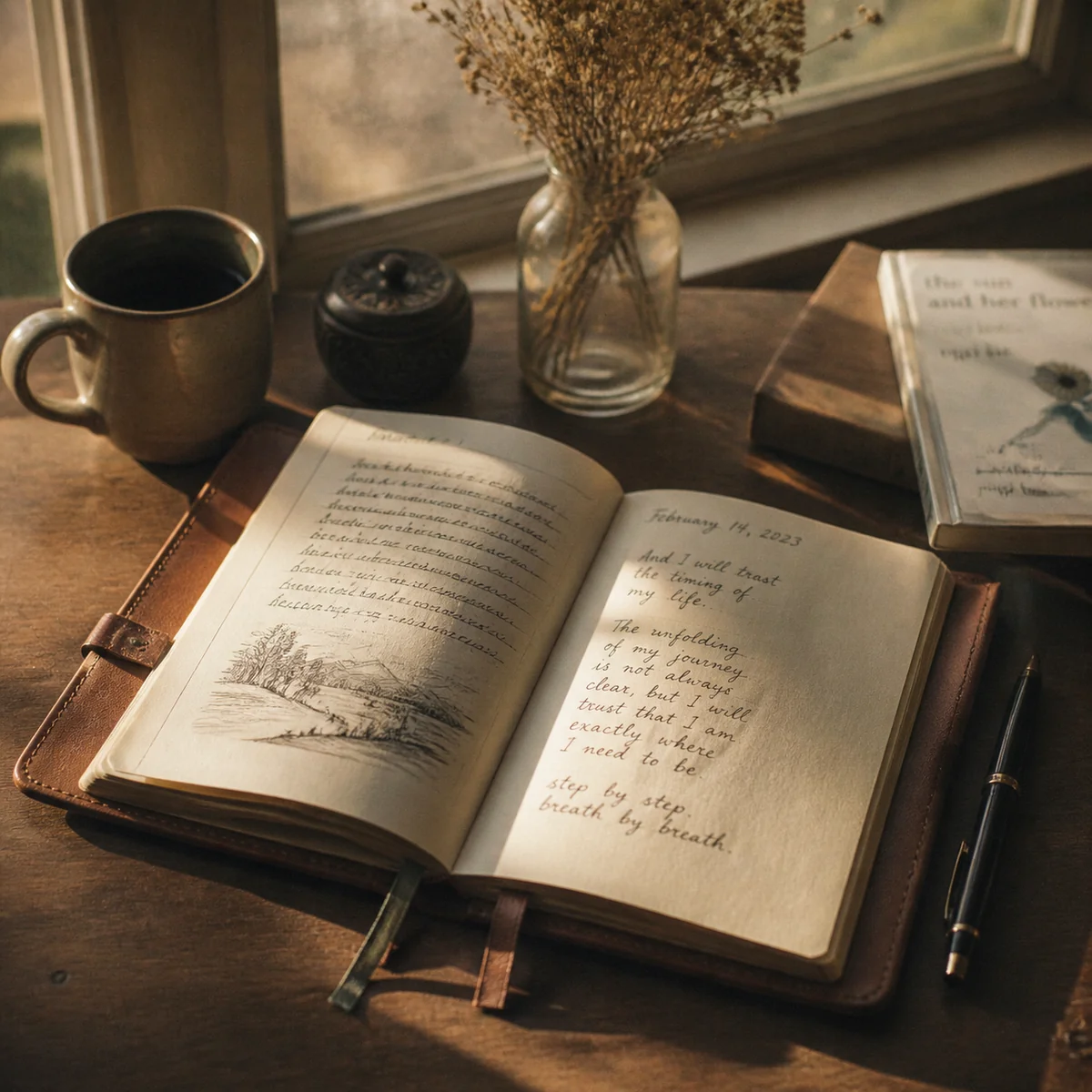 Editorial photography style - a journal with handwritten questions on a desk, soft natural light, thoughtful composition, questions about having a threesome with a friend
