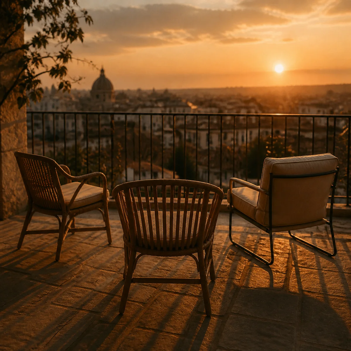 Editorial photography style - three chairs arranged in a circle on a balcony at sunset, warm golden hour light, thoughtful composition, representing boundaries in a threesome with a friend