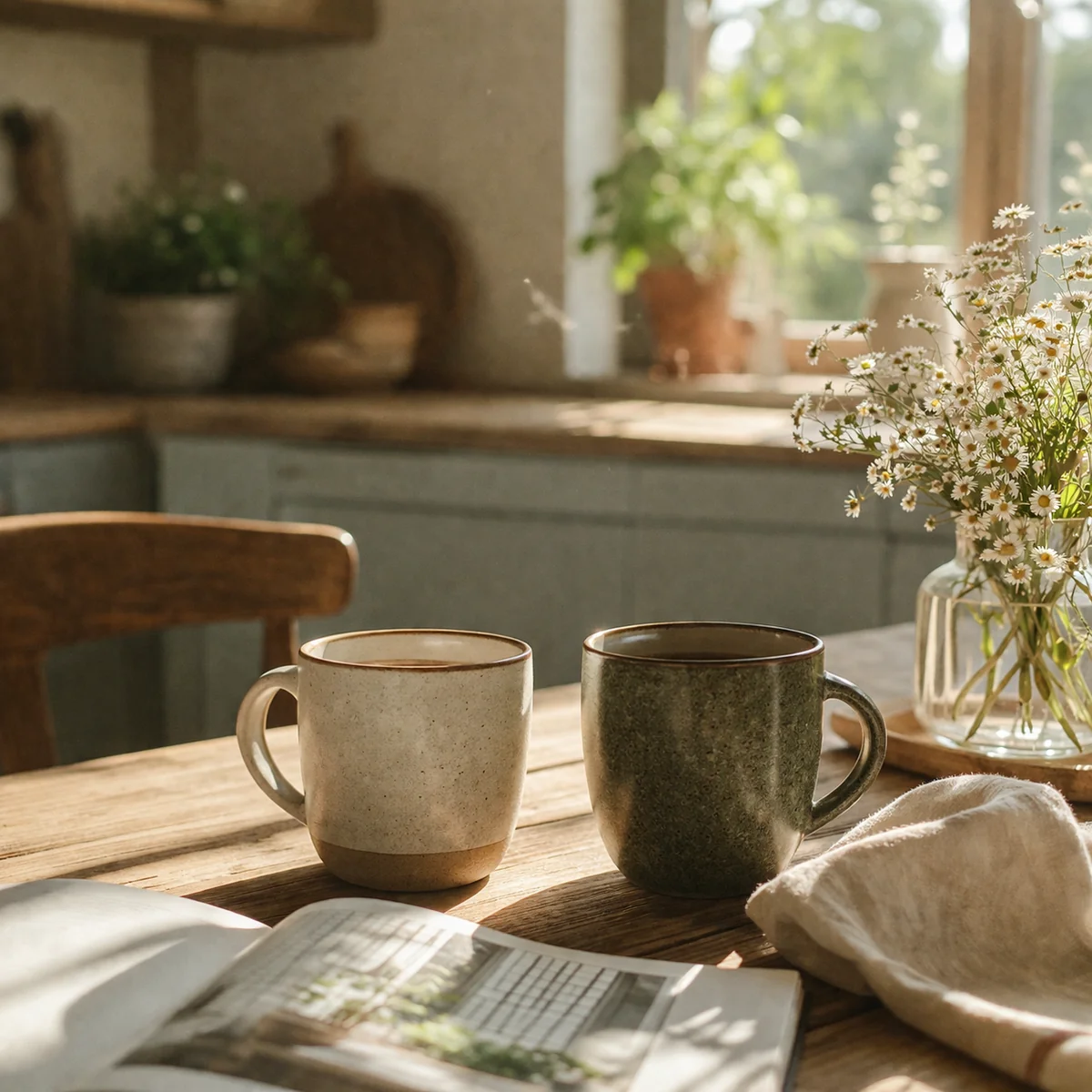 Editorial photography style - two friends sharing coffee at a sunlit kitchen table, warm casual atmosphere, genuine smiles, soft natural light, representing friendship after a threesome
