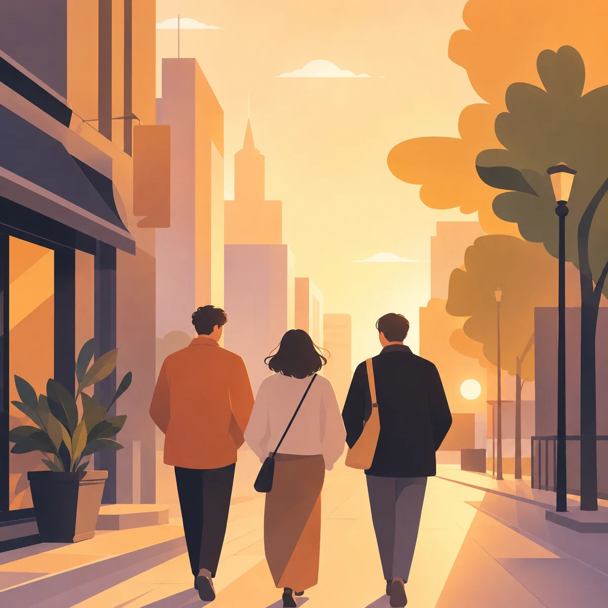 Gradient-minimalist illustration of three abstract figures walking together down a city street at golden hour