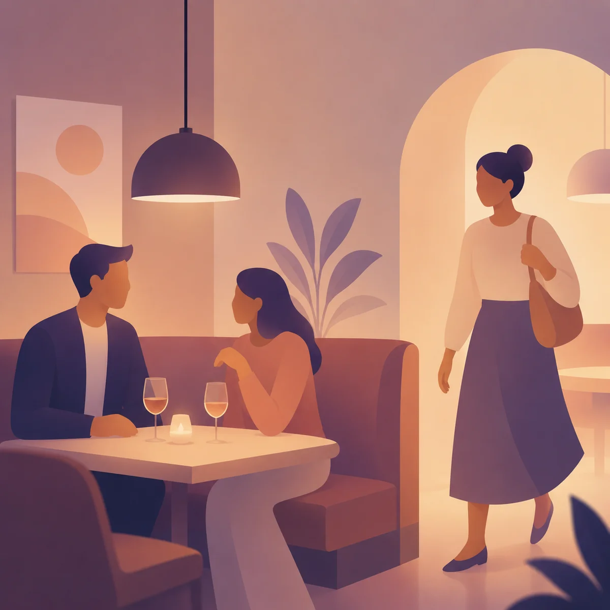 Gradient-minimalist illustration of a couple having a planning conversation on a park bench with thought bubbles