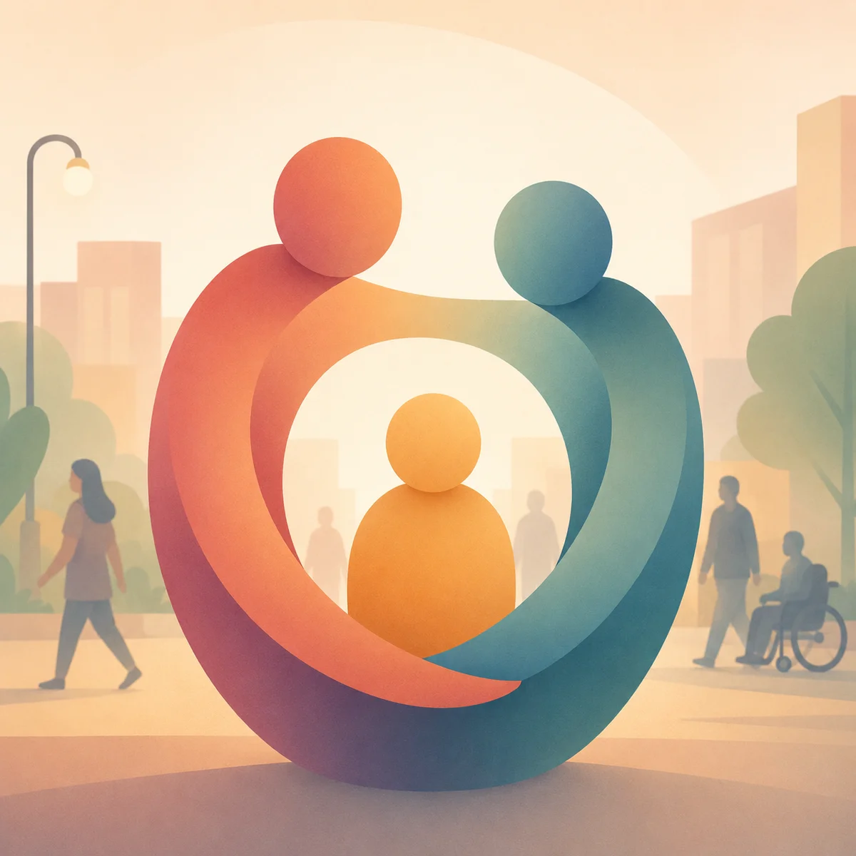 Gradient-minimalist illustration of two abstract figures having quiet conversation with a third approaching at a restaurant booth