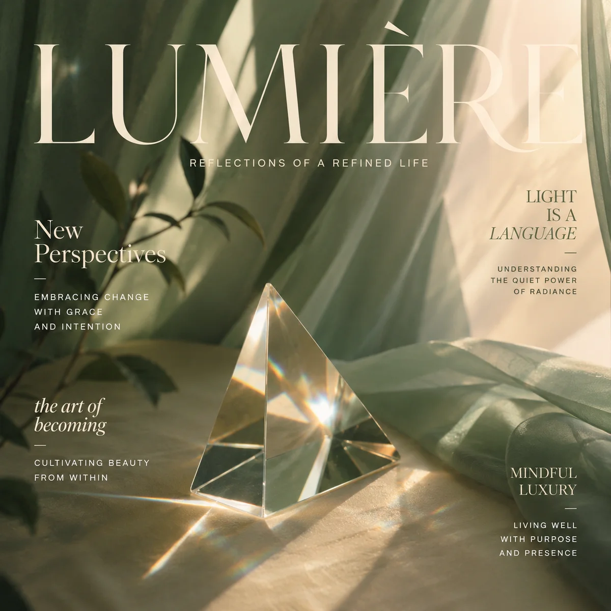 Soft emerald green light filtering through crystal prism creating warm hopeful reflections, editorial photography with typography overlay