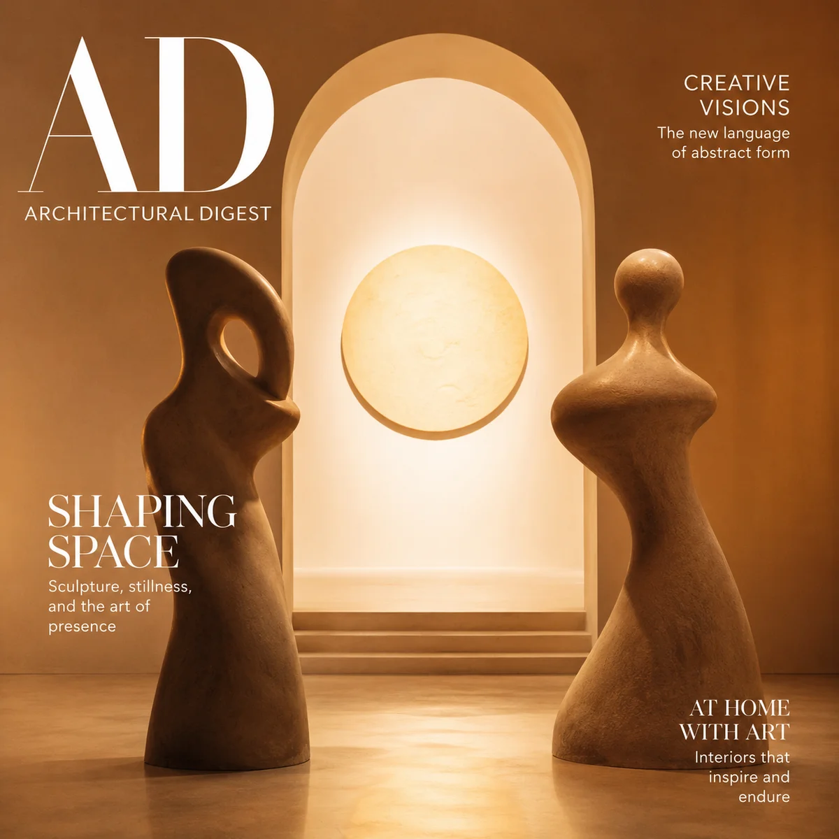 Two distinct abstract sculptural forms standing separately facing an illuminated third space, warm amber editorial photography with overlay
