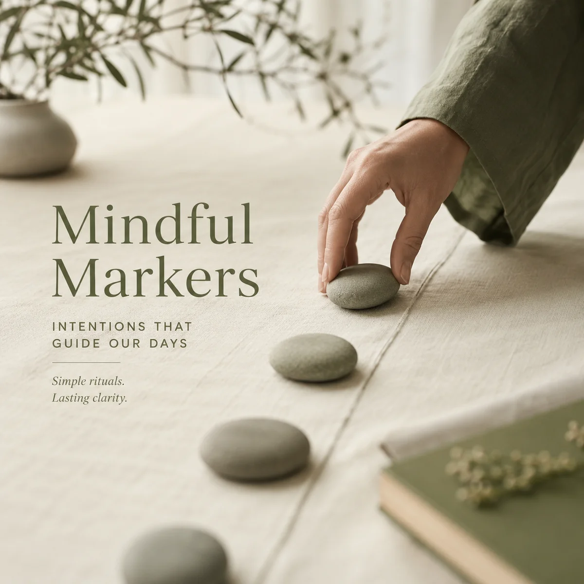 A hand gently placing a smooth river stone on clean linen as a marker, sage green editorial photography with minimalist overlay