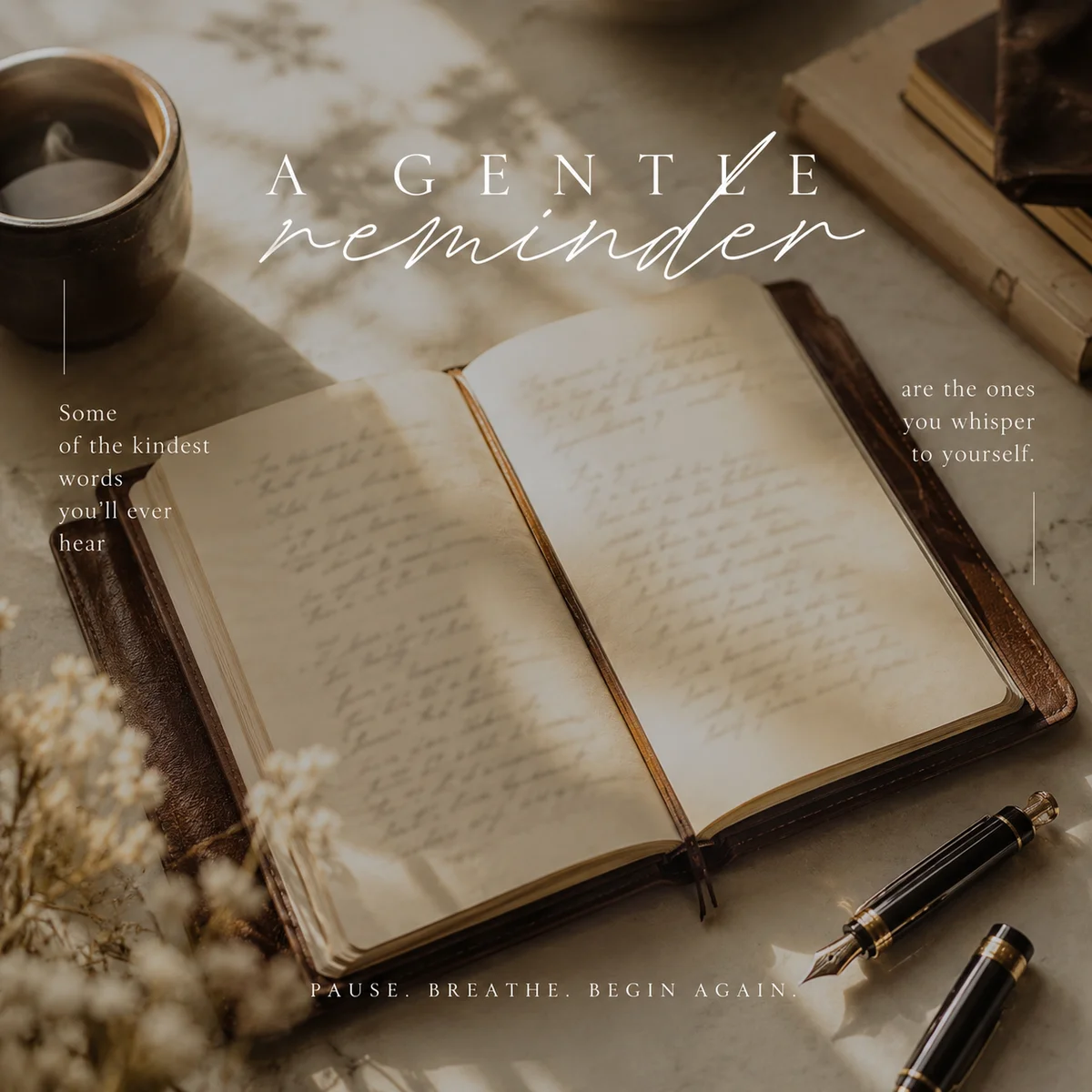 Open leather journal with softly blurred handwritten words, fountain pen, warm sepia editorial photography with overlay