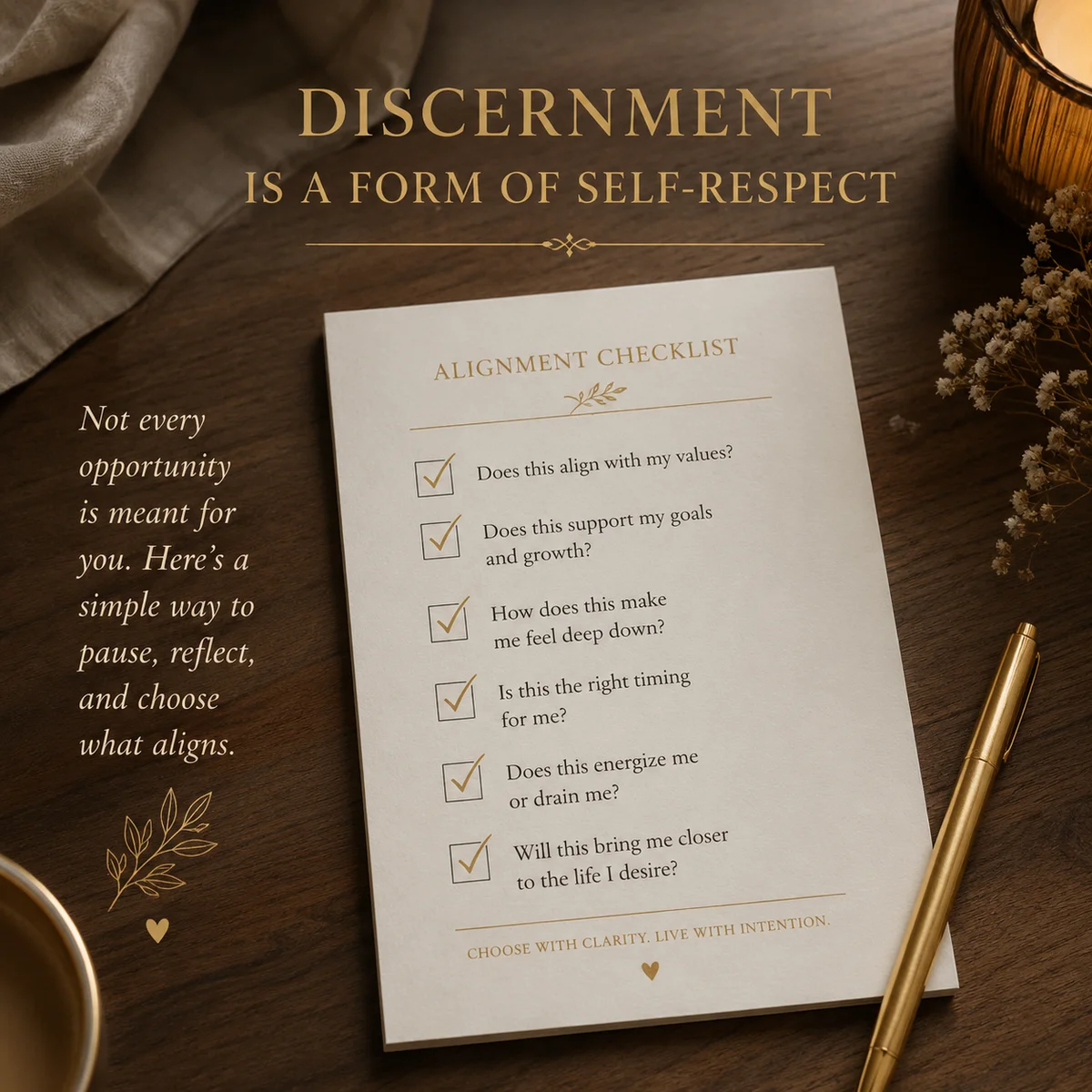 Checklist with neat checkmarks photographed from above on warm wooden surface, amber editorial photography with text overlay
