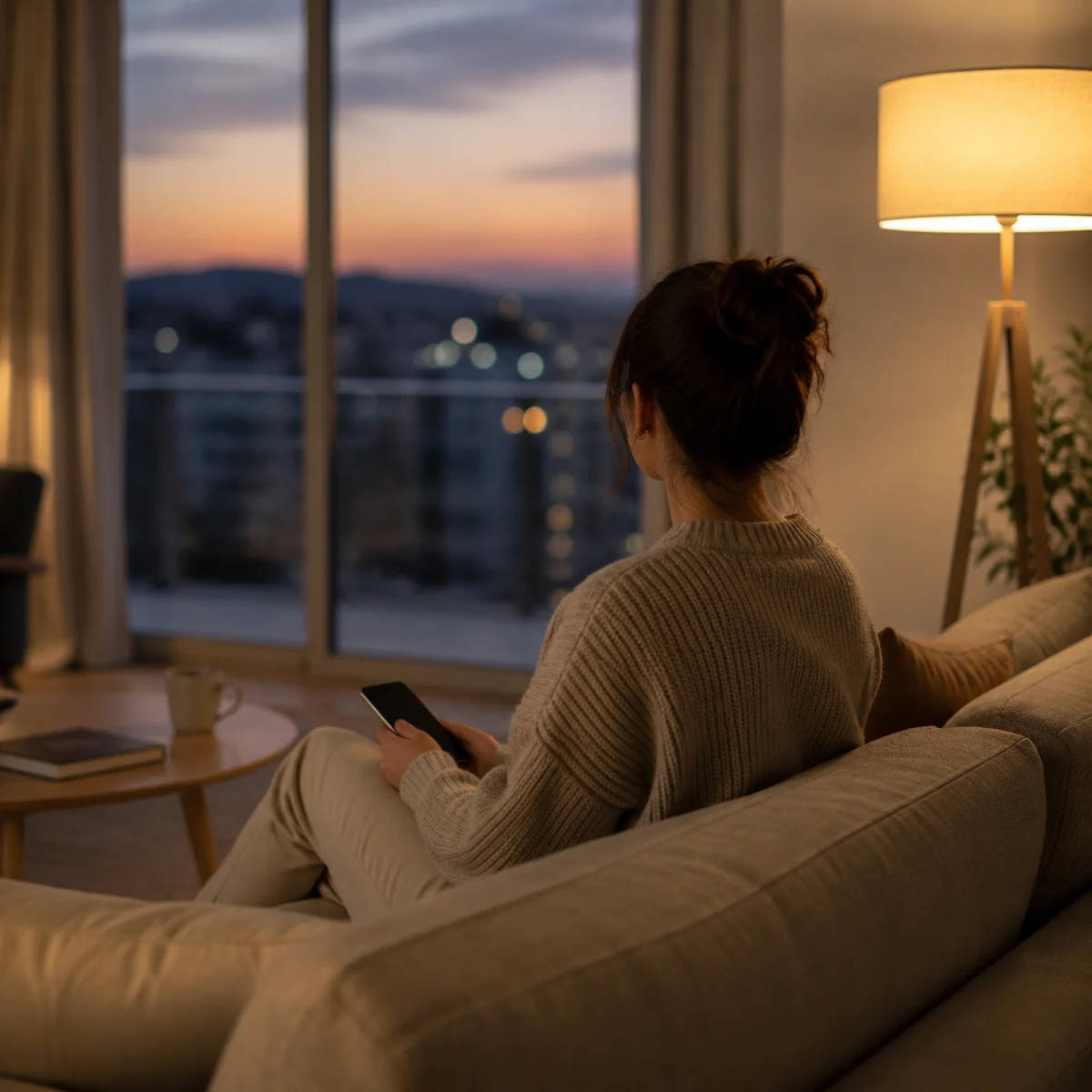 Person sitting alone with phone, contemplating social judgment about relationships