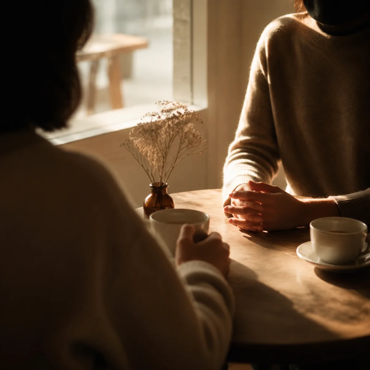 Two people talking privately at a quiet cafe, one sharing something personal