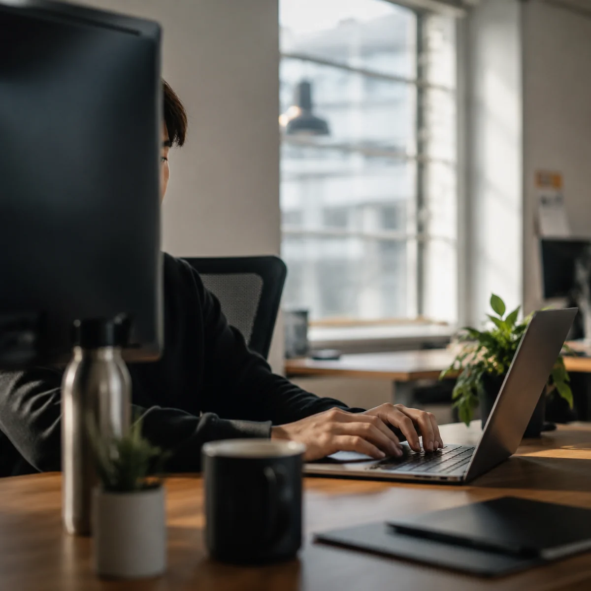 Person working at laptop in modern workspace, maintaining professional boundaries