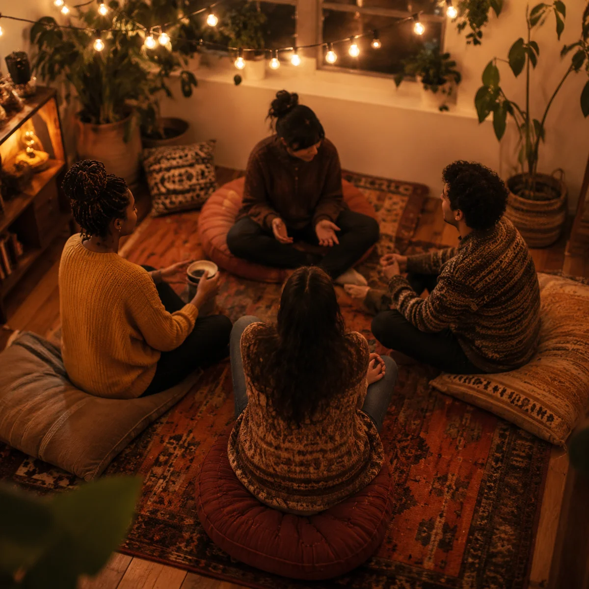 Small group of people sitting in a cozy circle, engaged in authentic conversation