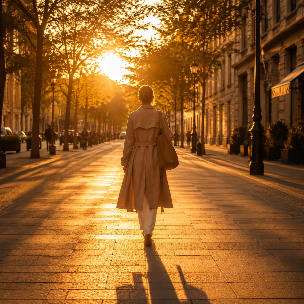 Person walking confidently on a city street during golden hour, feeling empowered and free