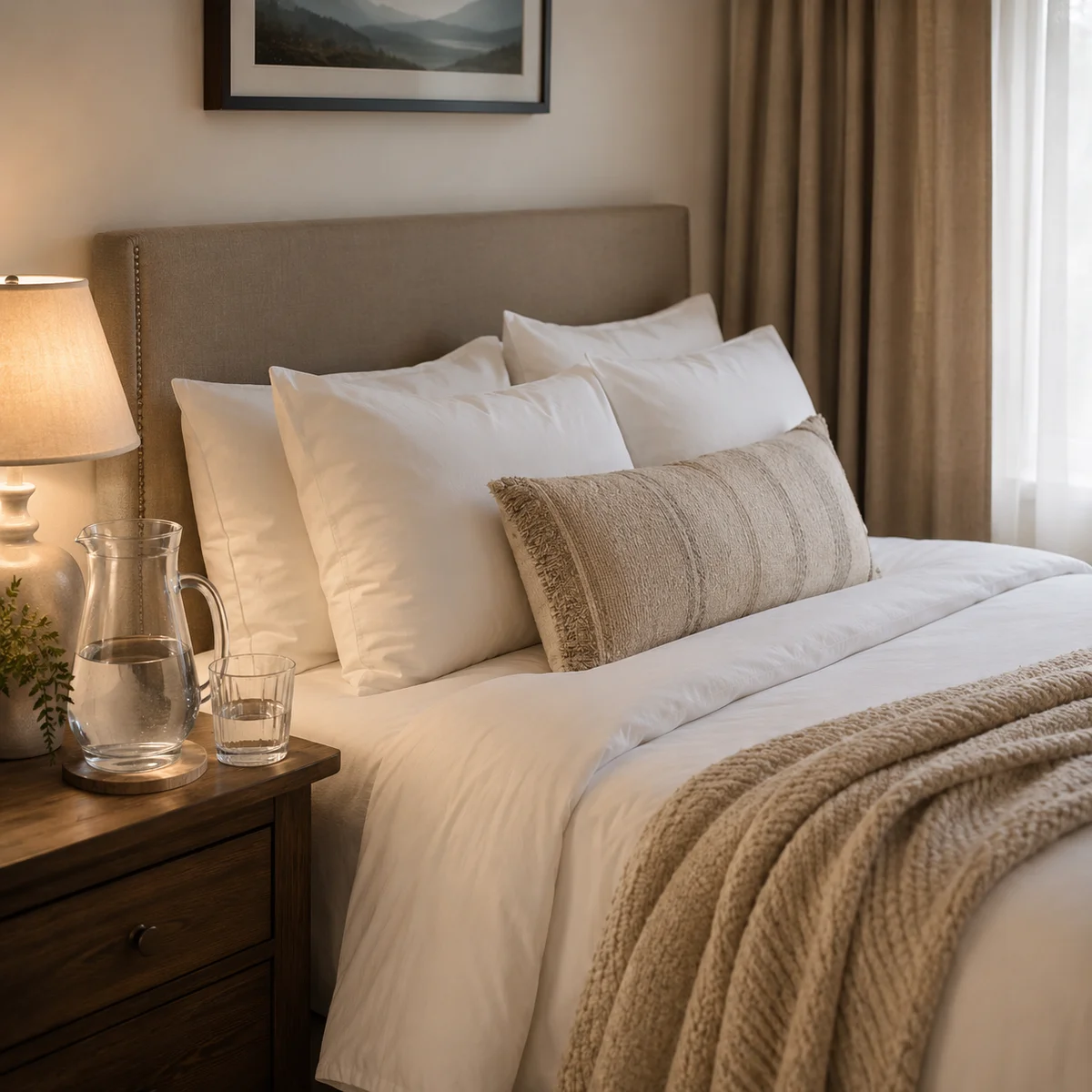 A serene bedroom with fresh white linens soft lamp lighting and a glass water pitcher on the nightstand