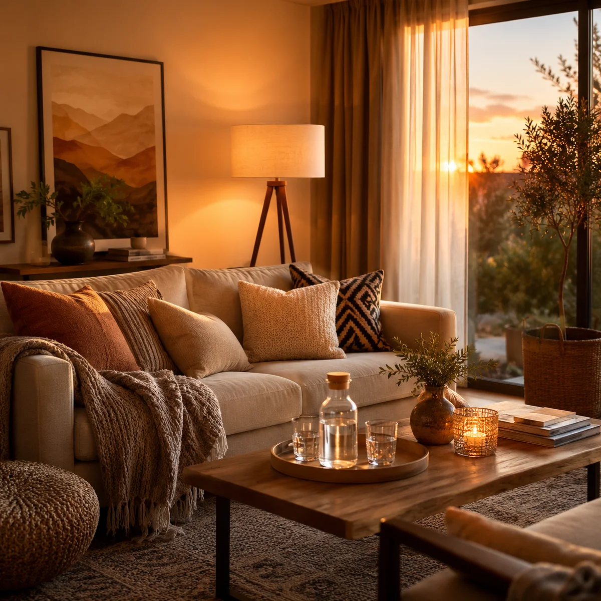 A cozy modern living room at golden hour with soft pillows blankets and warm welcoming atmosphere