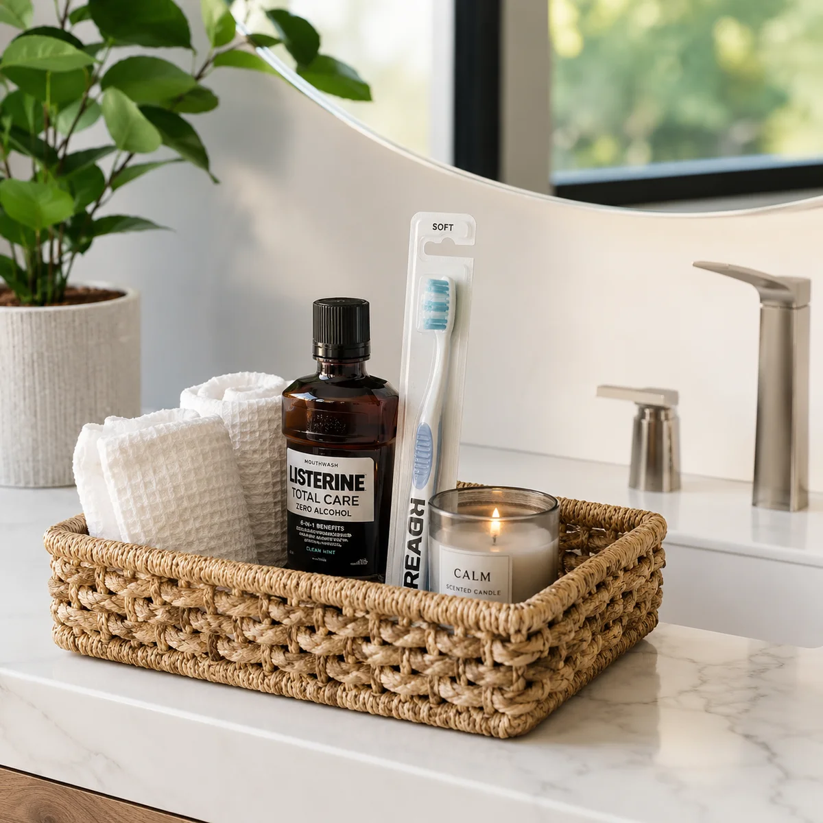 A clean bathroom countertop with a woven basket of rolled washcloths toothbrush and small candle