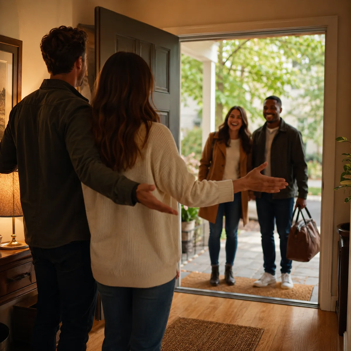 A warmly lit entryway with an open front door and two people welcoming a guest into their home
