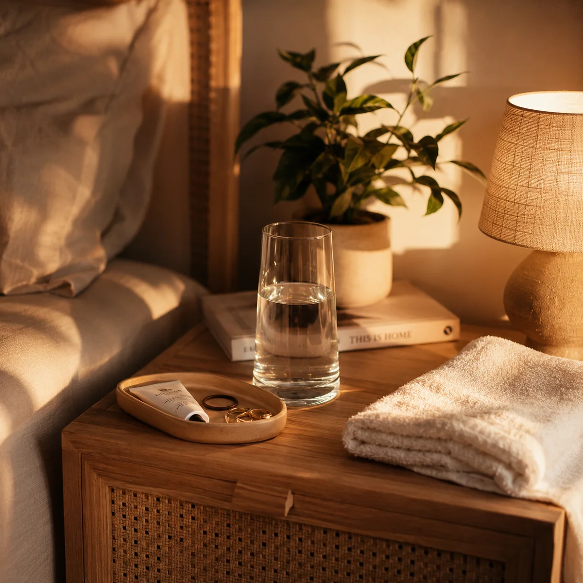 A wooden bedside table thoughtfully arranged with water essentials tray towel and soft glowing lamp