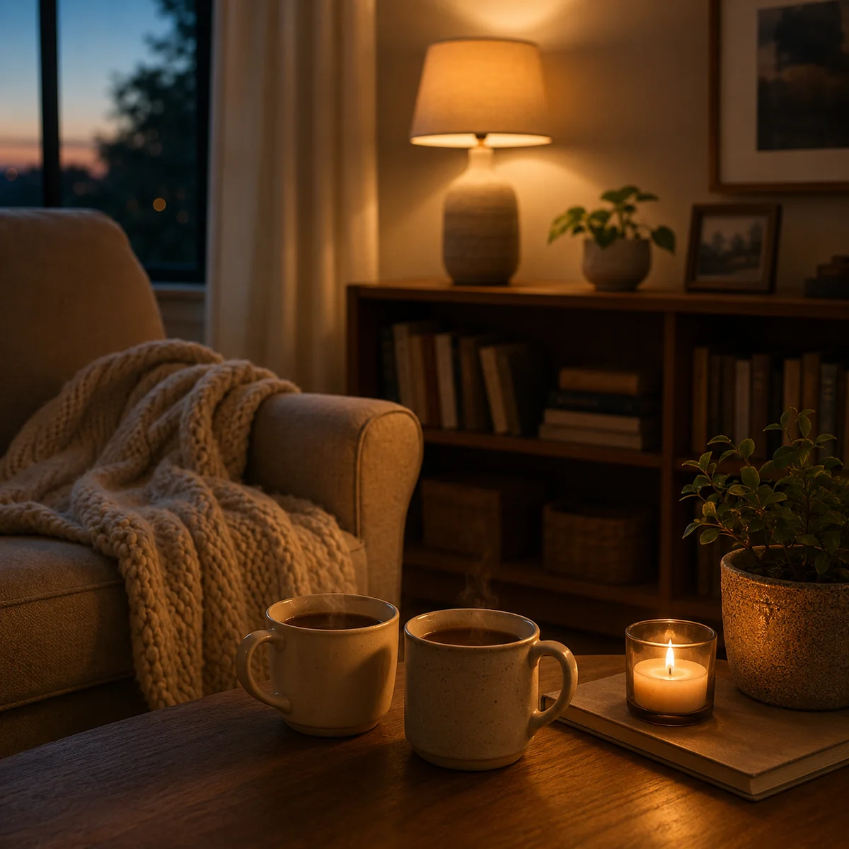 A serene living room corner at dusk with two mugs of tea soft blanket and peaceful ambient lighting