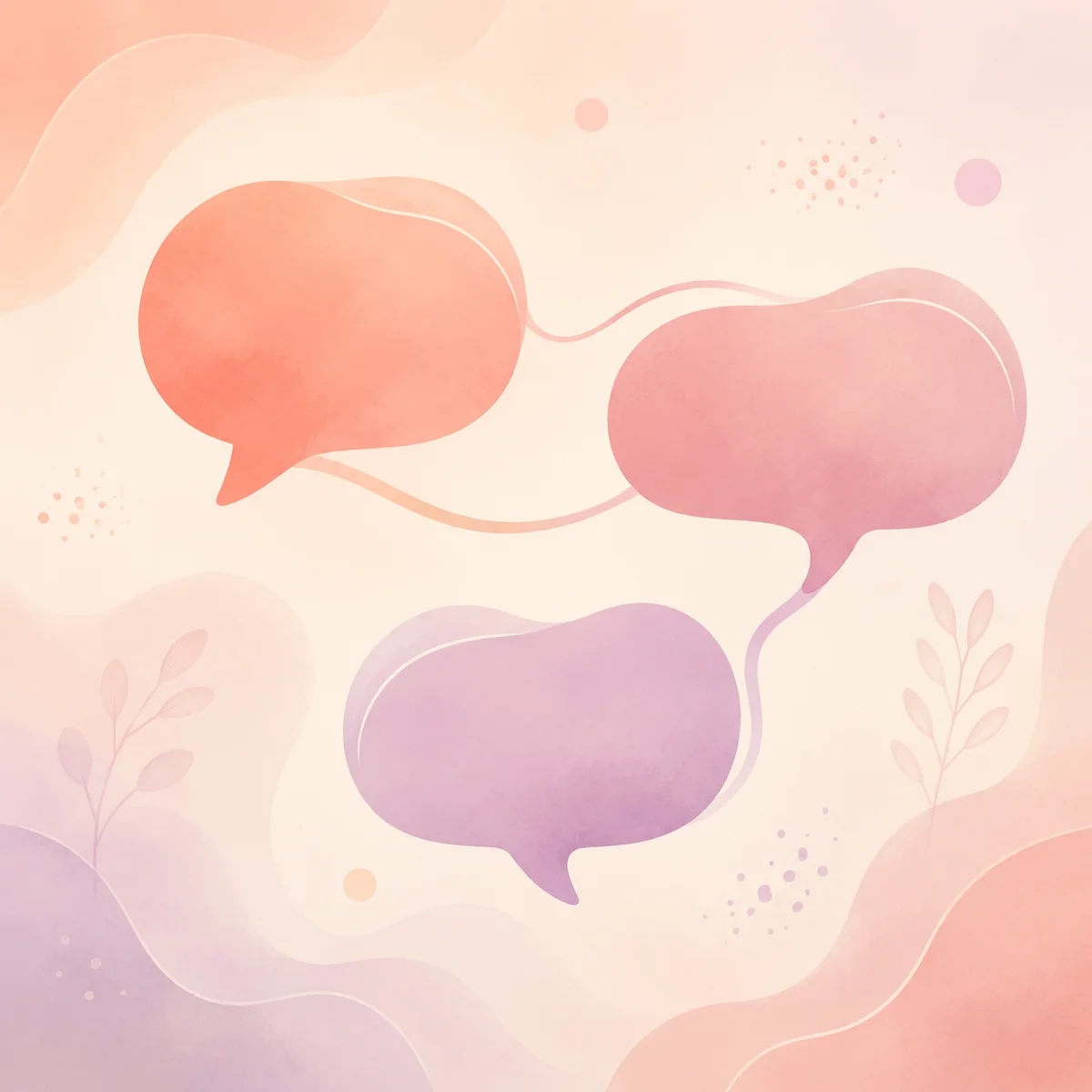 Three flowing speech bubbles in warm pastel tones interconnected by wavy lines, representing open communication during a threesome