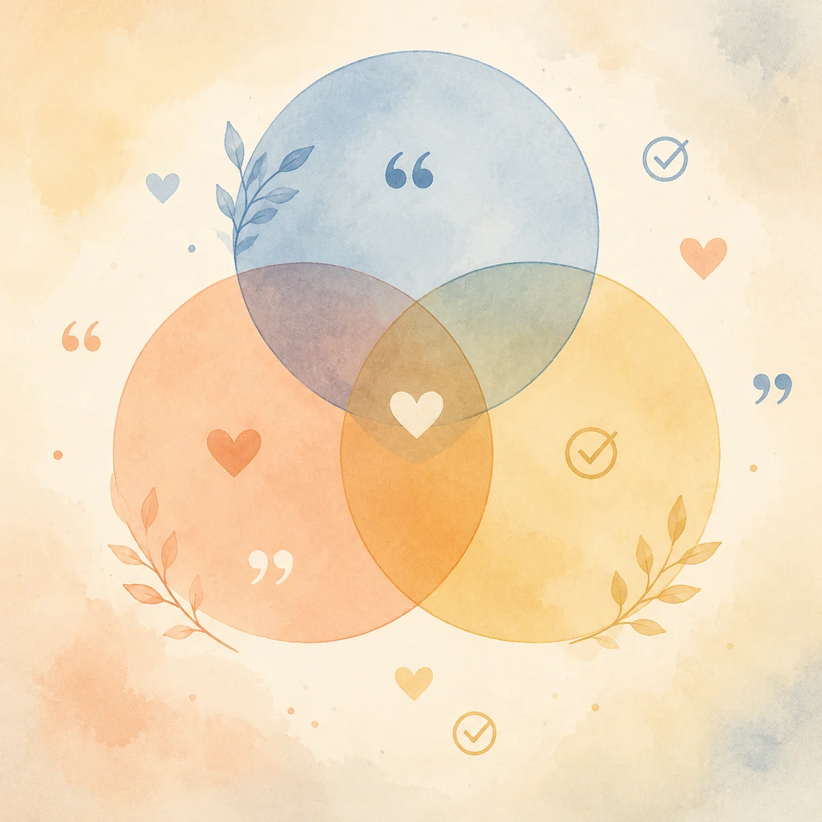 Three overlapping translucent circles in soft blue peach and gold tones with delicate dialogue and heart icons floating inside