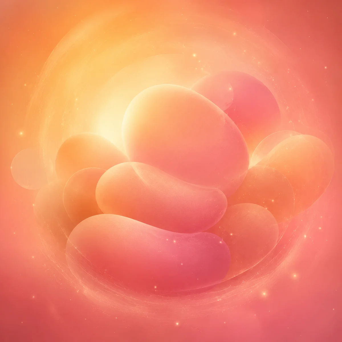 A warm glowing abstract cocoon-like space in soft amber to rose gradient with floating protective rounded shapes