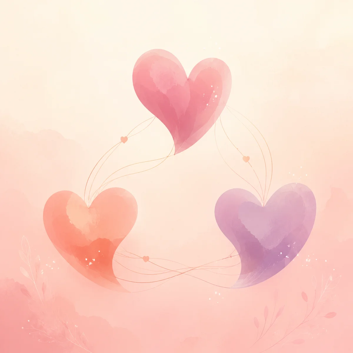 Three abstract heart shapes in gentle rose coral and lavender floating in balanced triangular arrangement connected by delicate lines