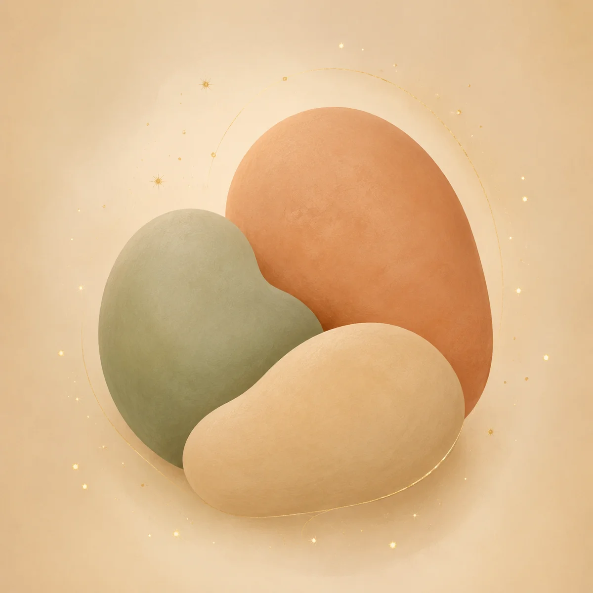 Three abstract rounded organic shapes in terracotta sage and sand tones nestled peacefully with golden spark-like dots