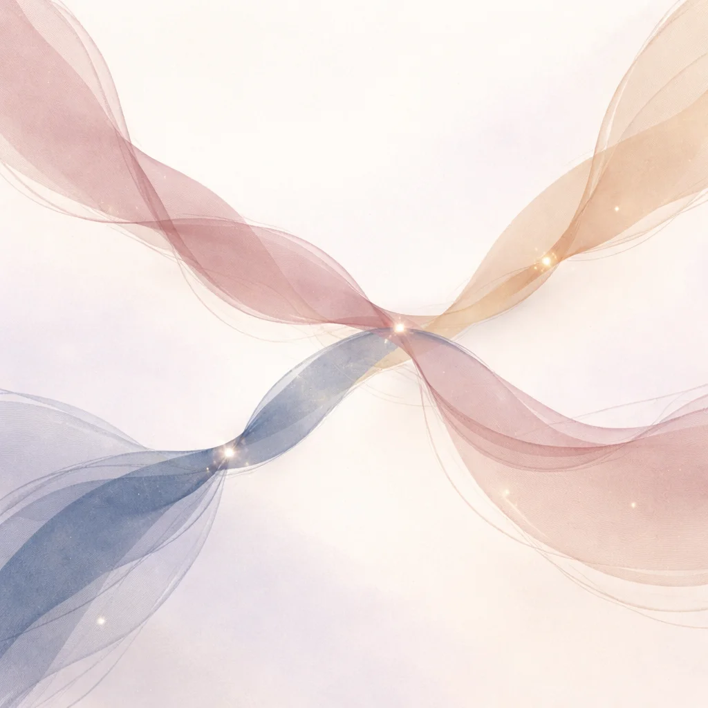 Three distinct flowing ribbon shapes in dusty rose navy blue and warm sand maintaining their own paths while occasionally connecting