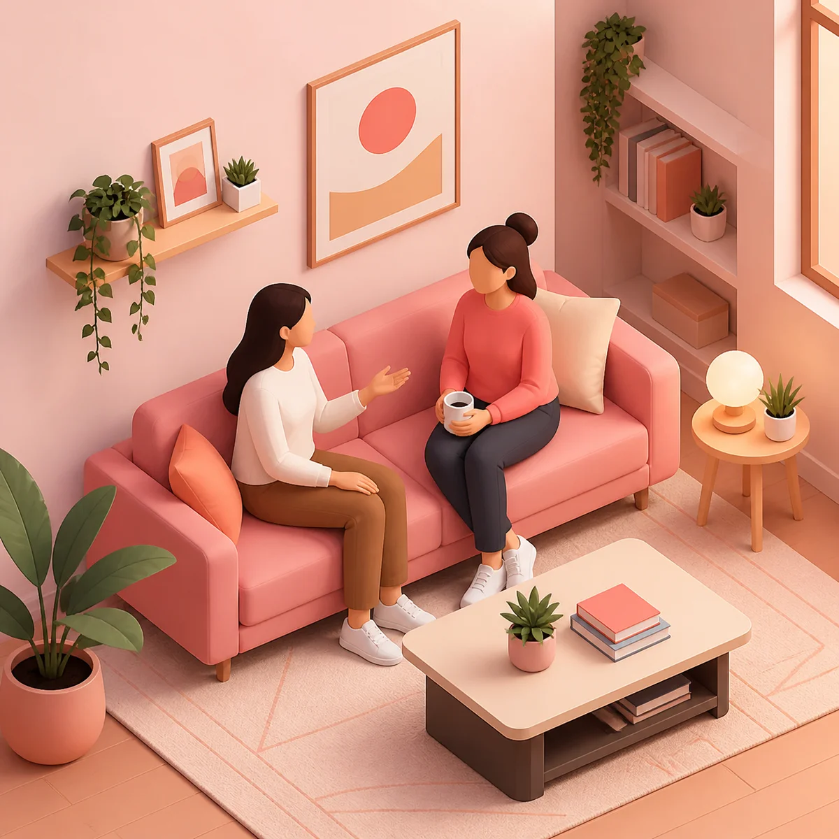 Isometric illustration of two people having a supportive conversation about threesome rejection