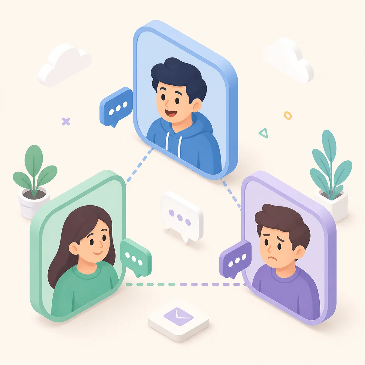 Three connected figures showing different emotional responses to rejection in isometric style