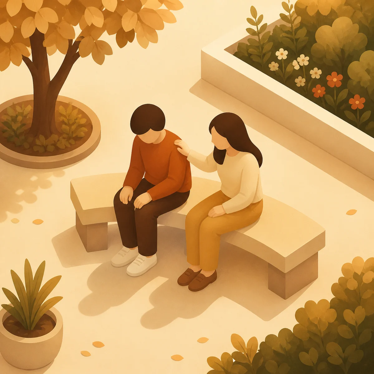 Isometric illustration of a couple supporting each other through dating rejection
